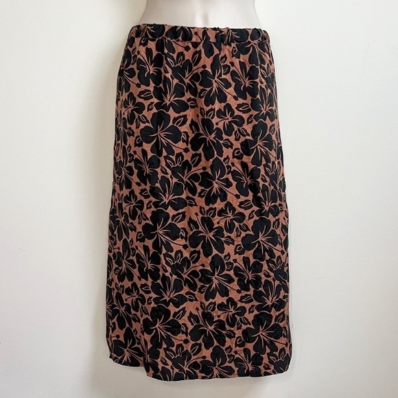 Flora Kung Vintage Silk Pull on Floral Midi Skirt Brown Black Size 14 mid rise - Picture 7 of 8